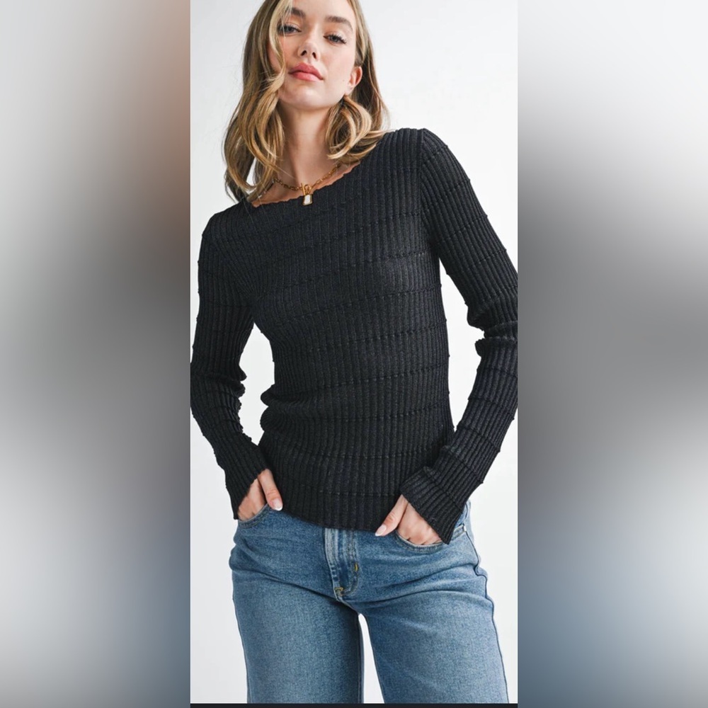 AEMI + CO  Women’s Long Sleeve Shimmer Sheer Ribbed Detail Sweater Size Small